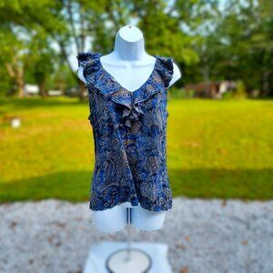 Lauren Ralph Lauren XL Blue Paisley Ruffle Tank Top 100% Cotton Relaxed Fit